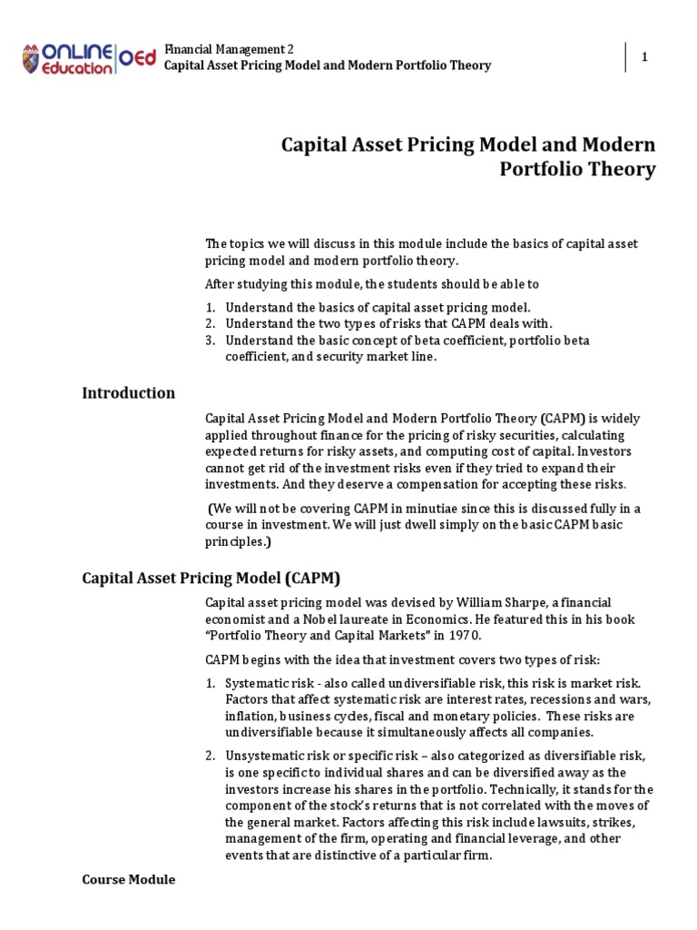 CAPM and Portfolio Theory Overview | PDF | Beta (Finance) | Capital ...