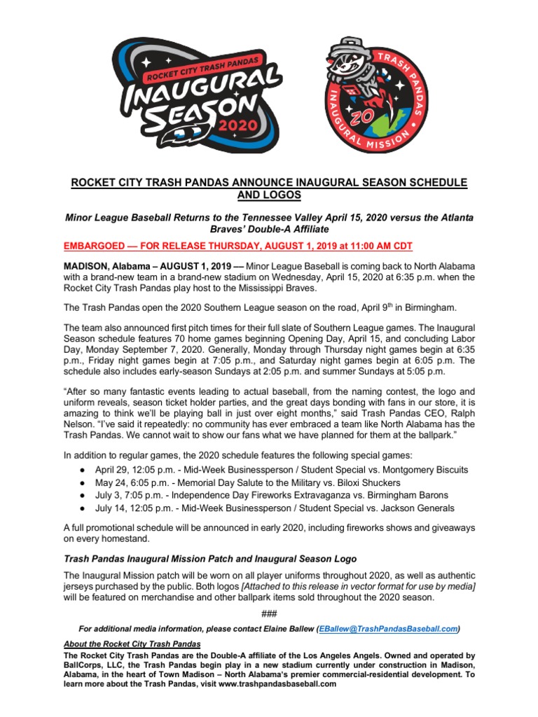 Rocket City Trash Pandas Schedule | PDF | Sports Teams | Major League Baseball Teams