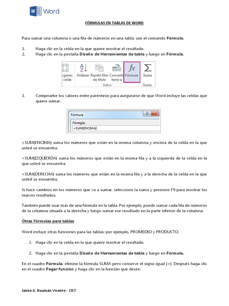 Fórmulas en Tablas de Word PDF