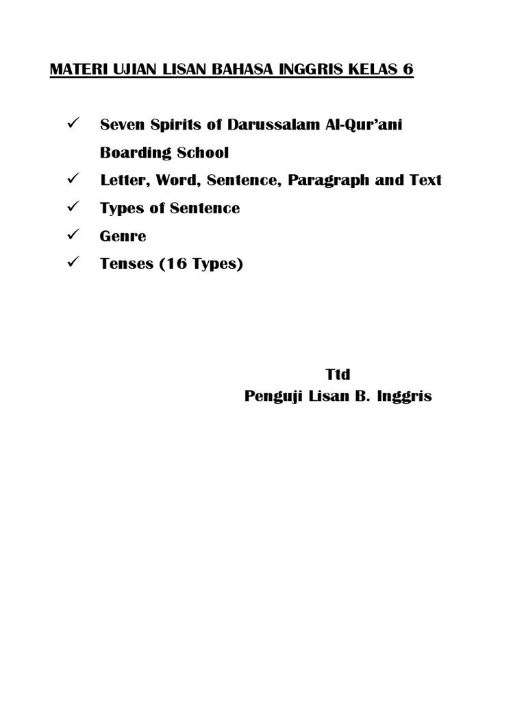 Materi Ujian Lisan Bahasa Inggris Dan Ibadah Kelas 6