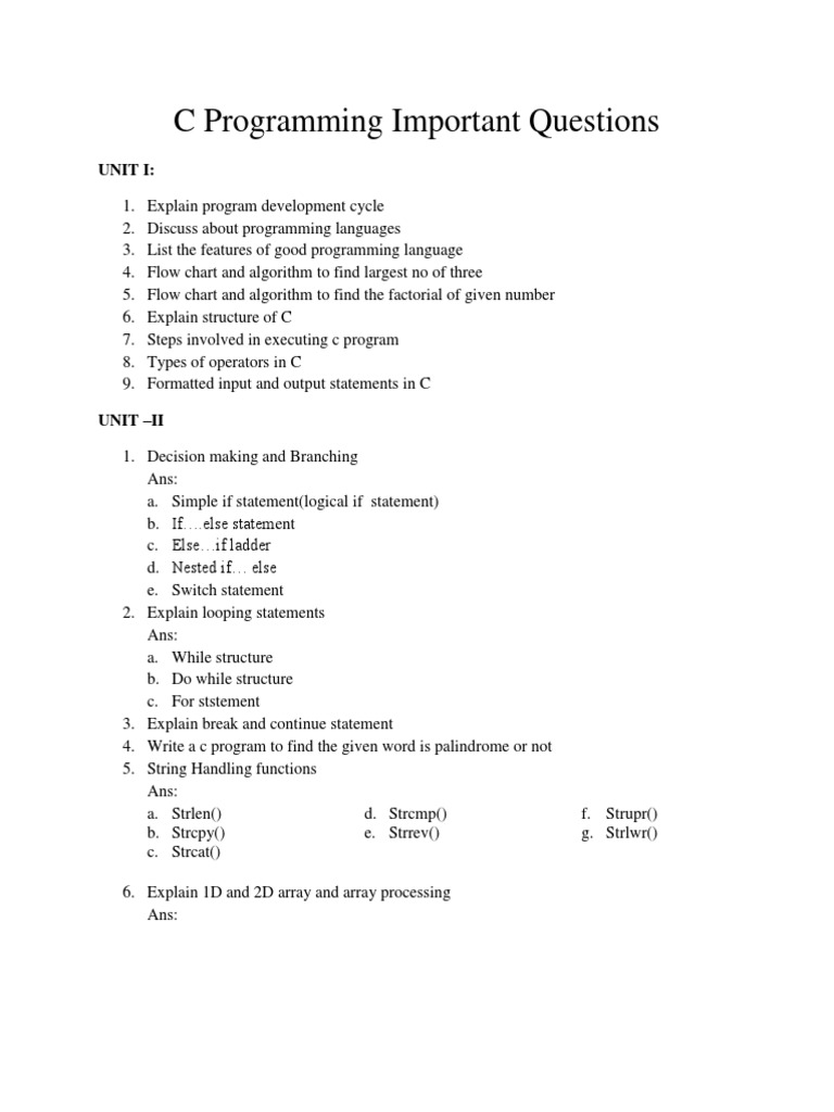 C Programming Important Questions: Unit I | PDF | C (Programming ...