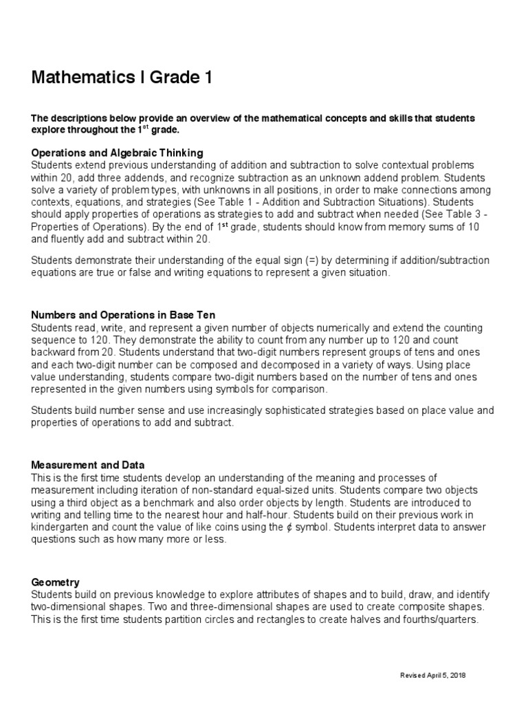 First Grade Math Standards Overview | PDF | Shape | Teaching Mathematics