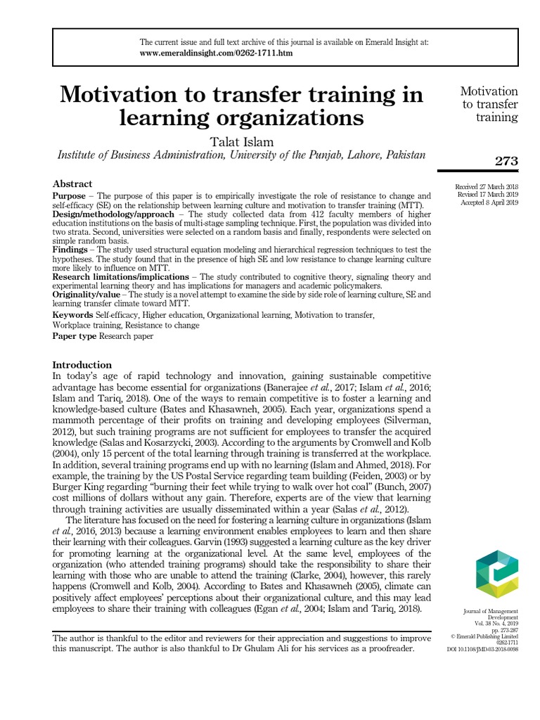 Motivation To Transfer Training in Learning Organizations: Talat Islam ...