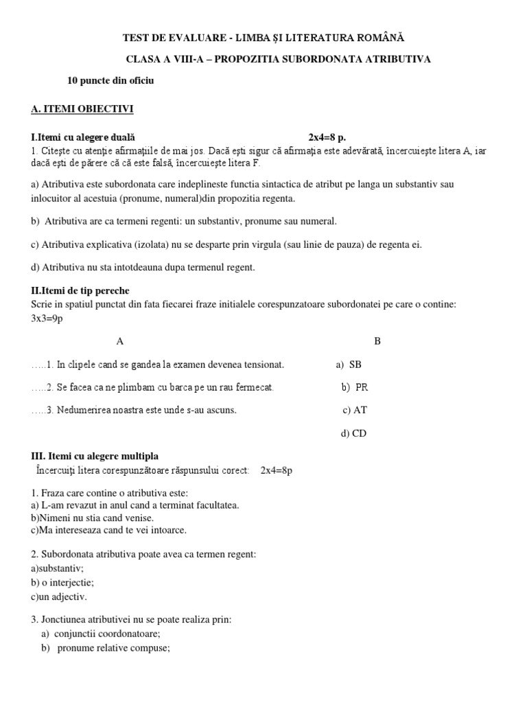 Atributiva Test Gradul II | PDF