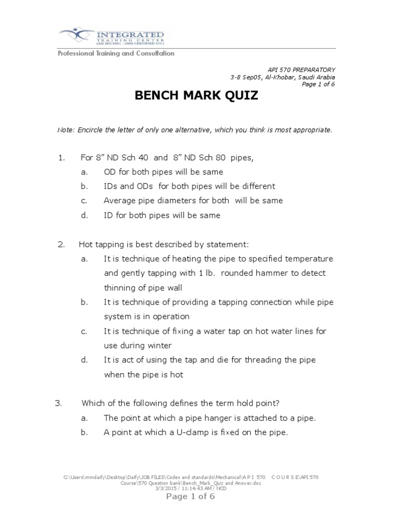Bench - Mark - Quiz and Answer PDF | PDF | Pipe (Fluid Conveyance ...