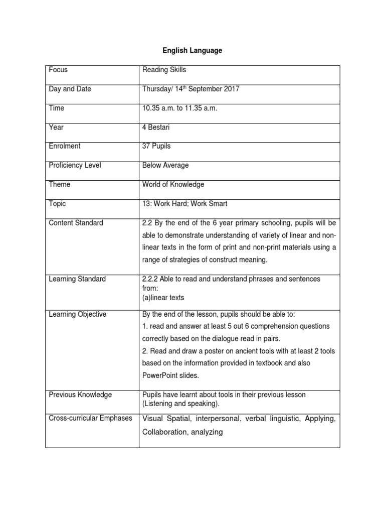 Lesson Plan Year 4 | PDF | Reading Comprehension | Teaching