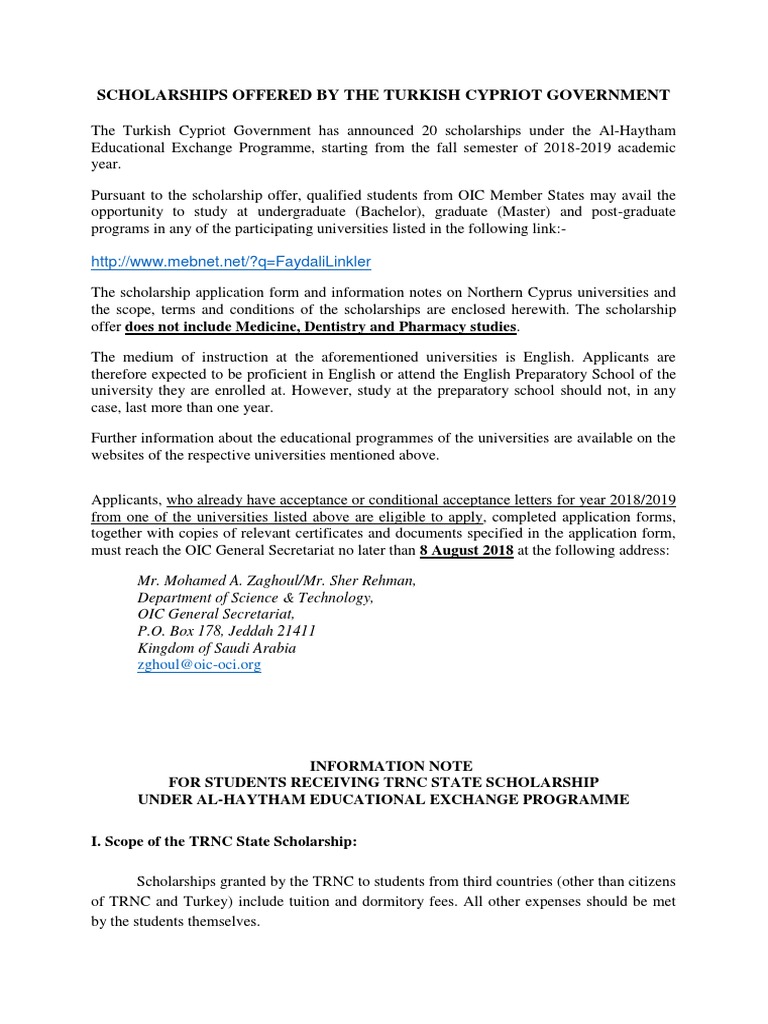 TRNC Government Scholarship Details | PDF | High School Diploma ...