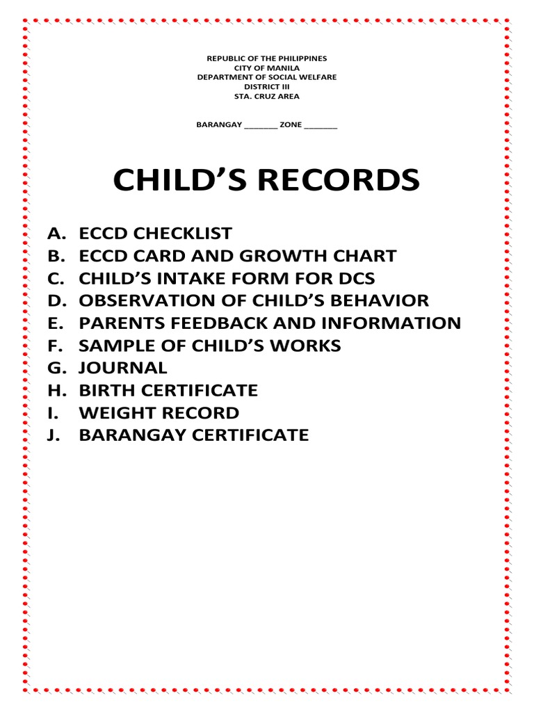 Child'S Records: Republic of The Philippines City of Manila Department ...