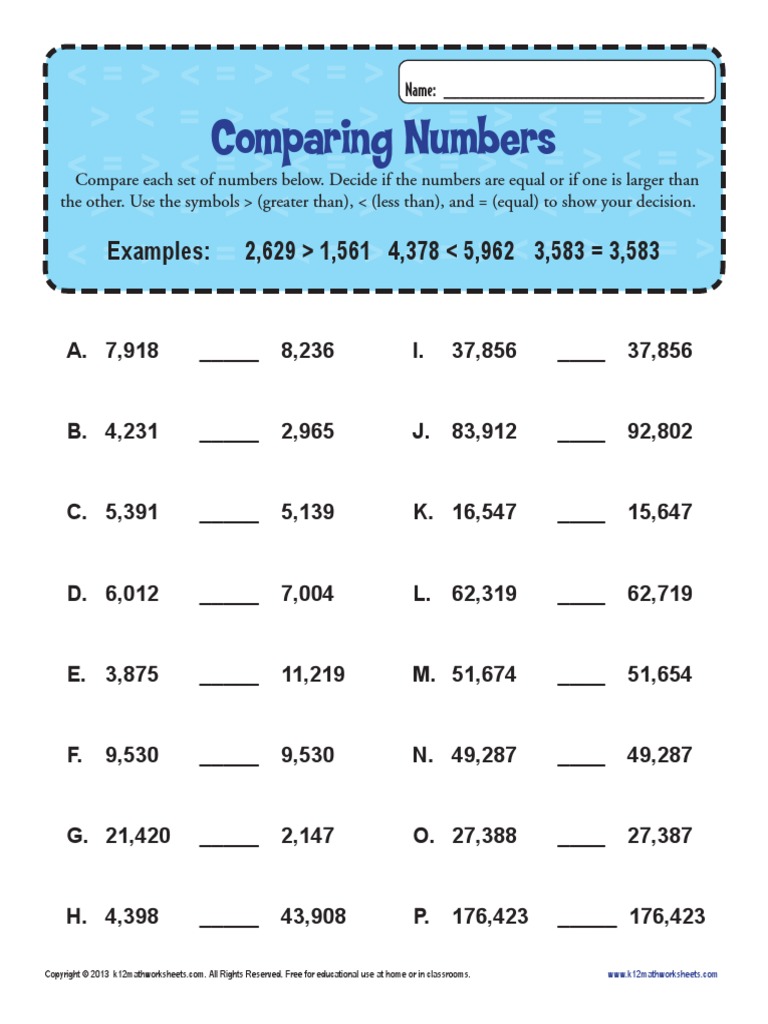 Comparing Numbers: Examples: 2,629 1,561 4,378 5,962 3,583 3,583 | PDF