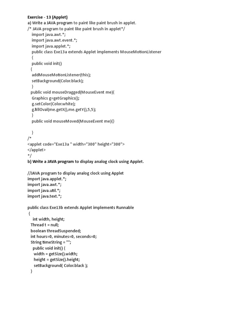 Exercise 13 (Applet) B) To Display Analog Clock Using Applet PDF