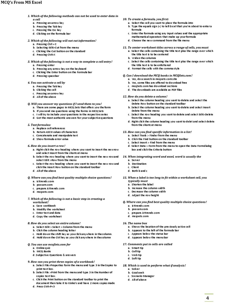 Excel MCQs for Skill Assessment | PDF | Spreadsheet | Multiple Choice