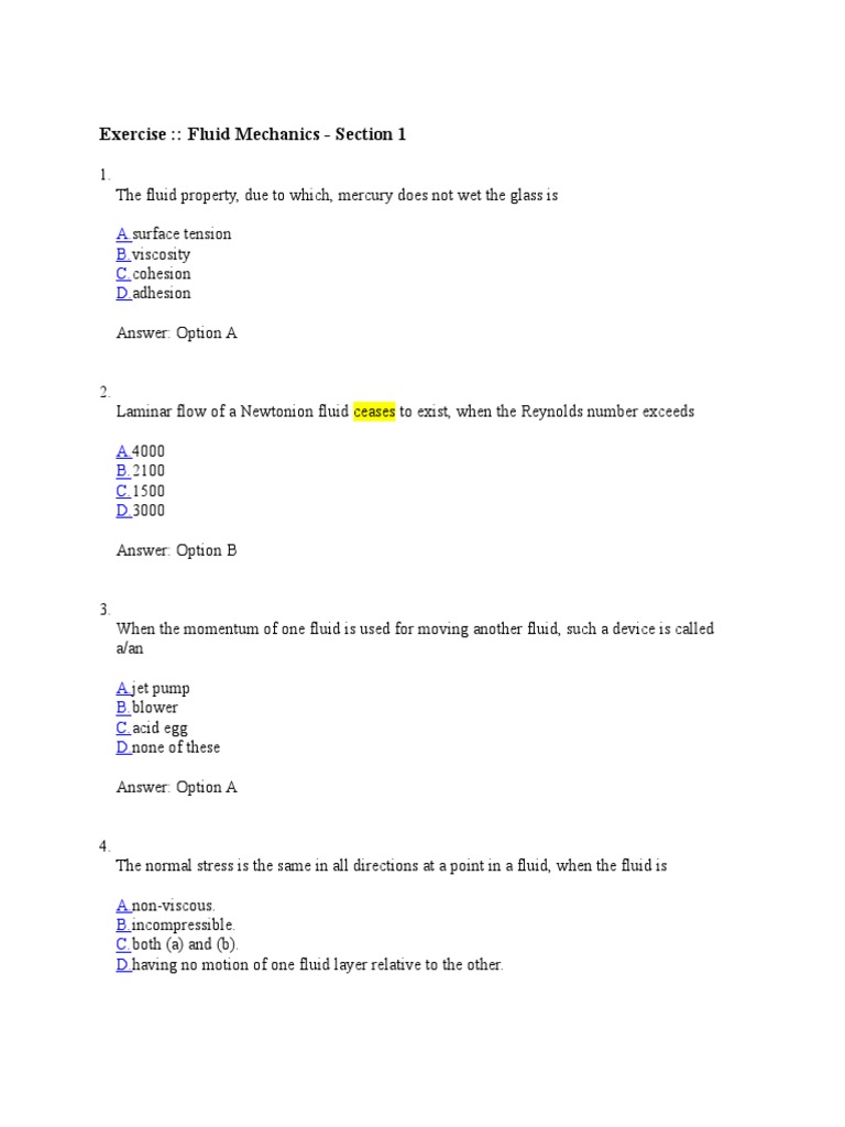 Fluid Mechanics Exercise Solutions | PDF | Fluid Dynamics | Reynolds Number