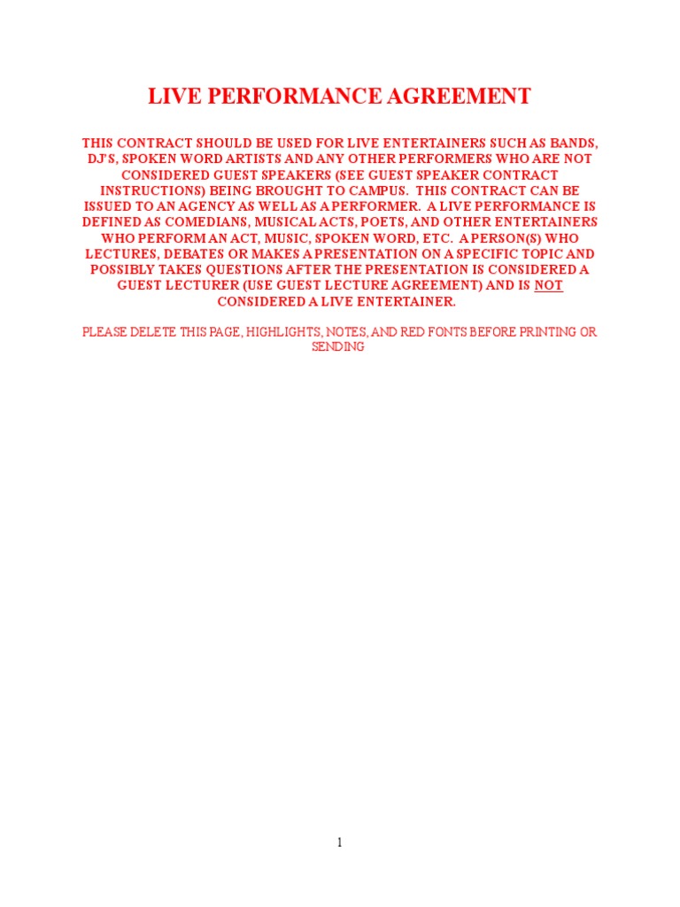 Live Performance Agreement Template | PDF | Indemnity | Liability Insurance