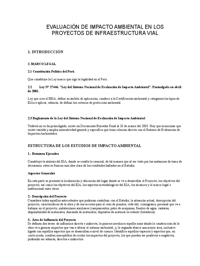 Estructura de EIA en Proyectos Viales | PDF | Evaluación de impacto ...