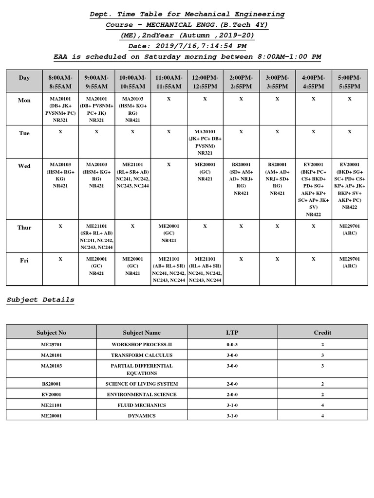 Mechanical Engineering Time Table 2019 | PDF | Mathematical Physics ...