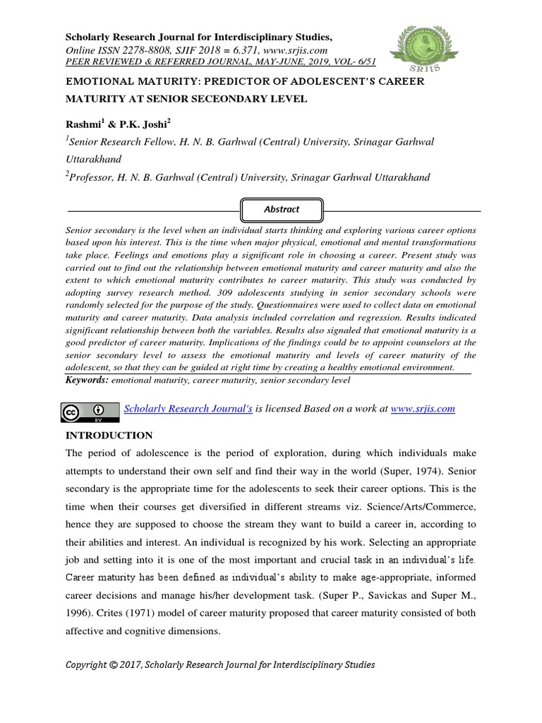 Emotional Maturity: Predictor of Adolescent's Career Maturity at Senior ...
