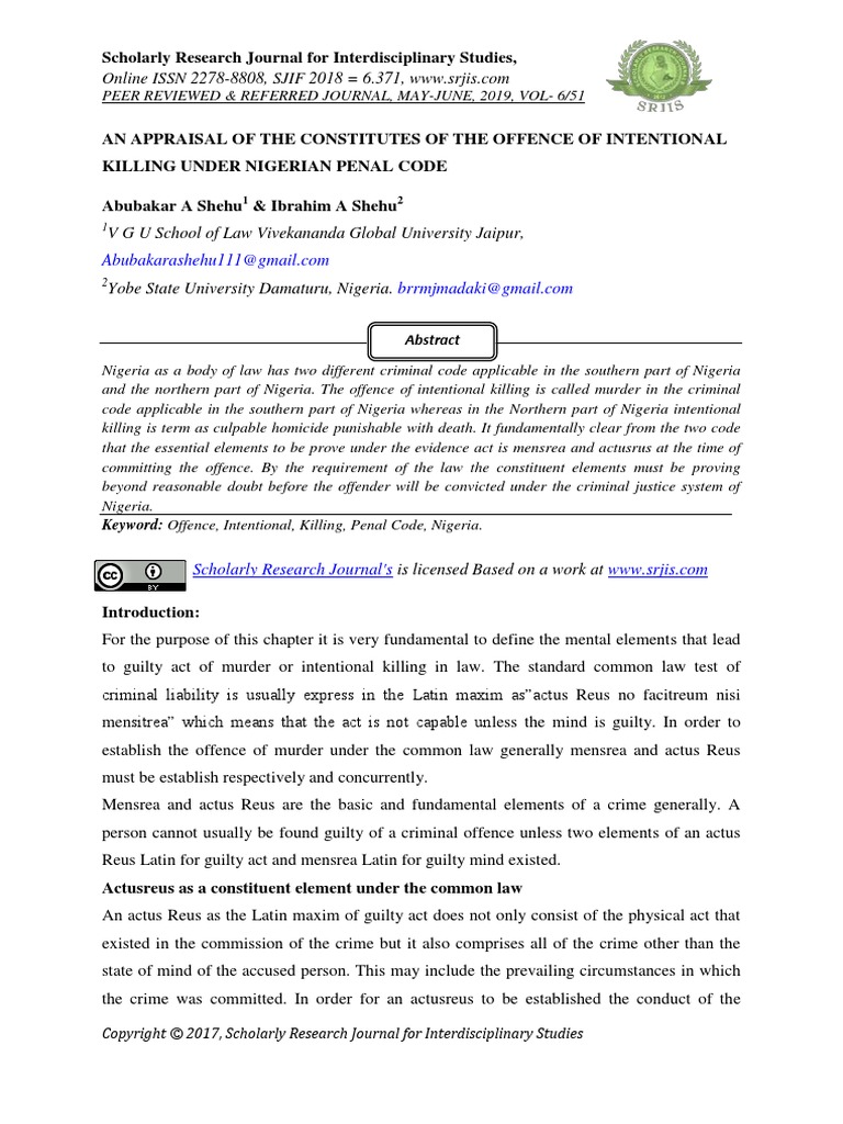 An Appraisal of The Constitutes of The Offence of Intentional Killing