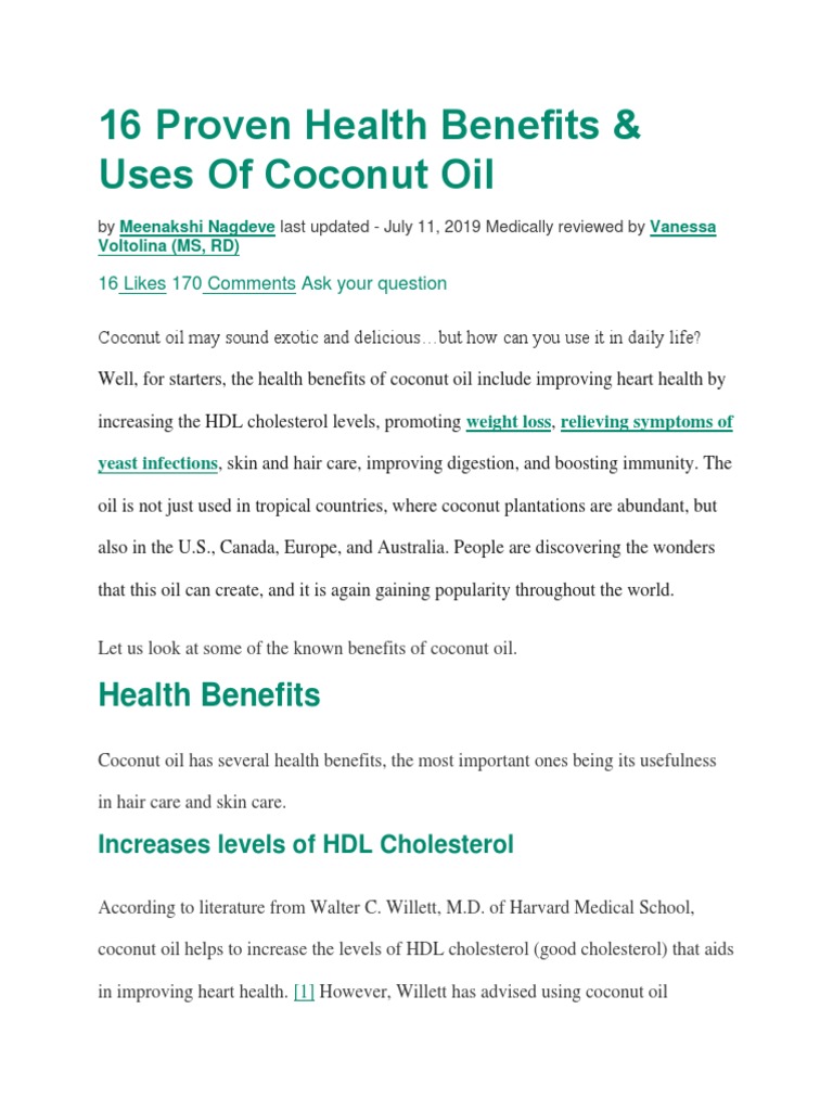 16 Proven Health Benefits of Coconut Oil PDF Candidiasis Cholesterol