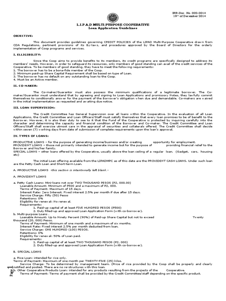 LIPAD Cooperative Loan Guidelines | PDF | Loans | Interest