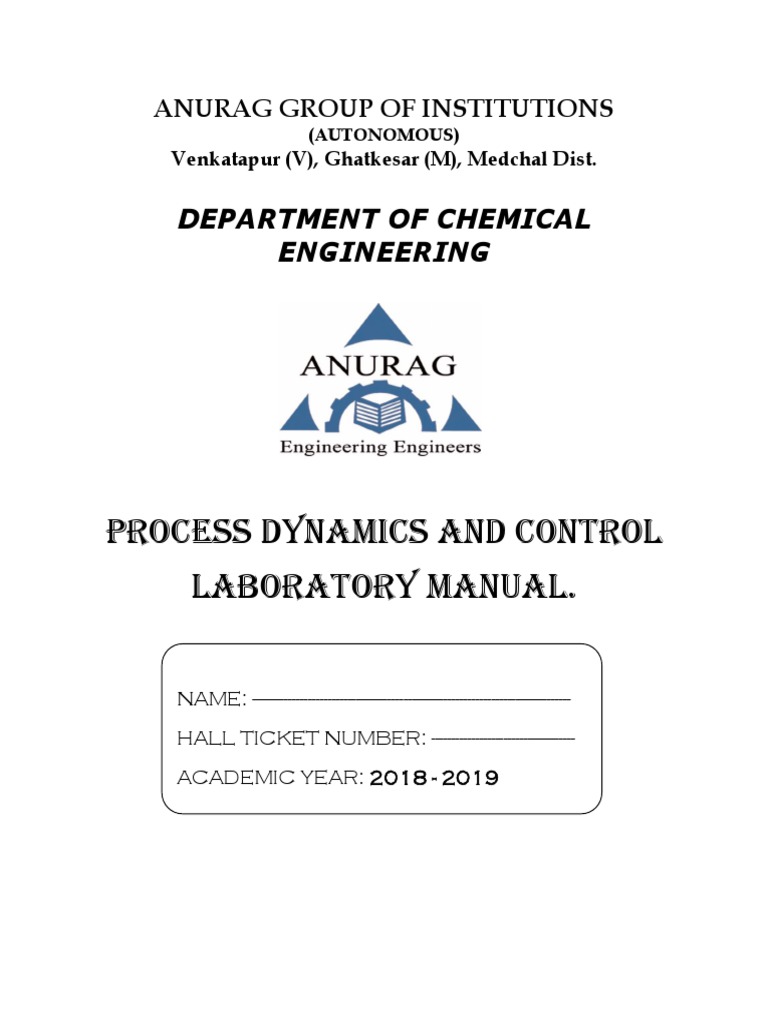 Process Dynamics and Control Laboratory Manual.: Department of Chemical ...