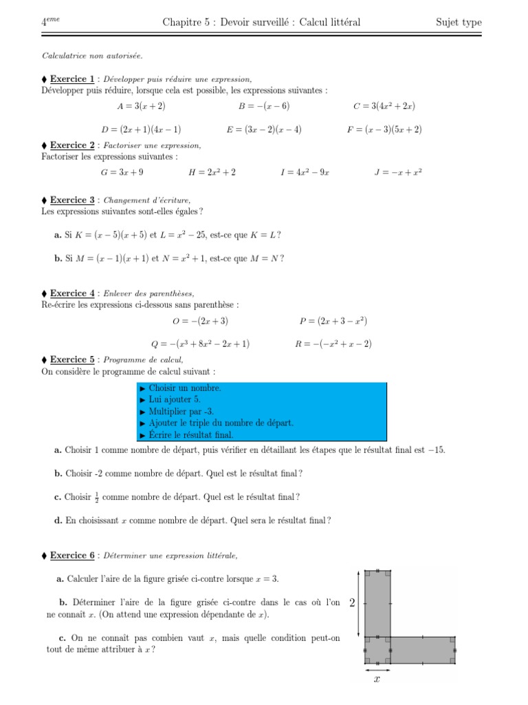 Exercice Sur Le Calcul Littéral 4ème Calcul Litteral + Correction | PDF | Enseignement des mathématiques