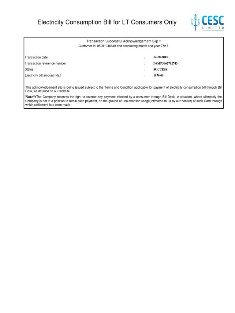 Electricity Consumption Bill For LT Consumers Only: Note | PDF