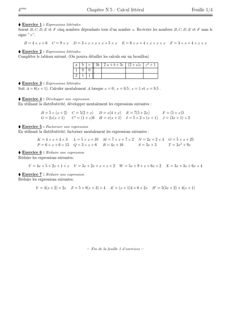 Exercice Sur Le Calcul Littéral 4ème Calcul Litteral Exos Supp + Correction | PDF | Algèbre | Mathématiques  élémentaires