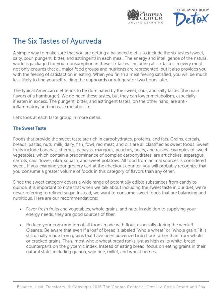 Ayurveda's Six Tastes & Their Effects On The Doshas Amrita Veda PDF
