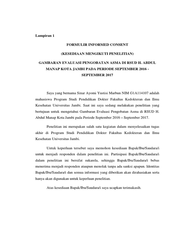 Formulir Informed Consent Penelitian Asma | PDF | Pengembangan Diri ...