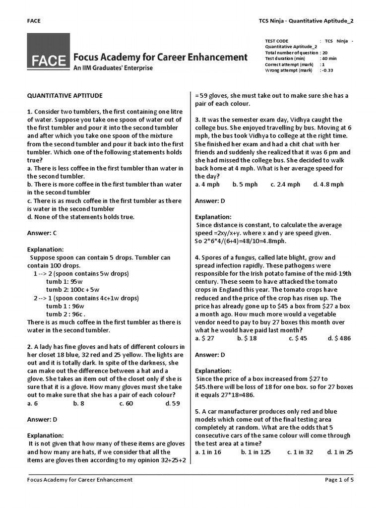 TCS Ninja Quantitative Aptitude Test | PDF | Area | Celsius