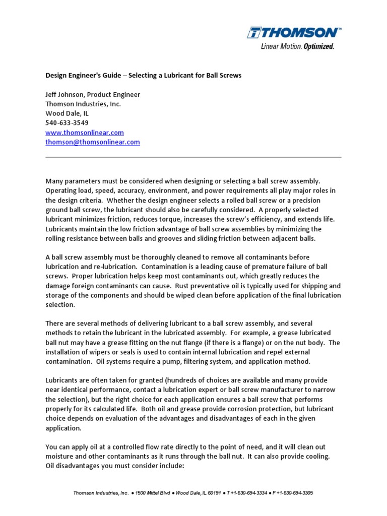 Design Engineer's Guide Selecting A Lubricant For Ball Screws PDF