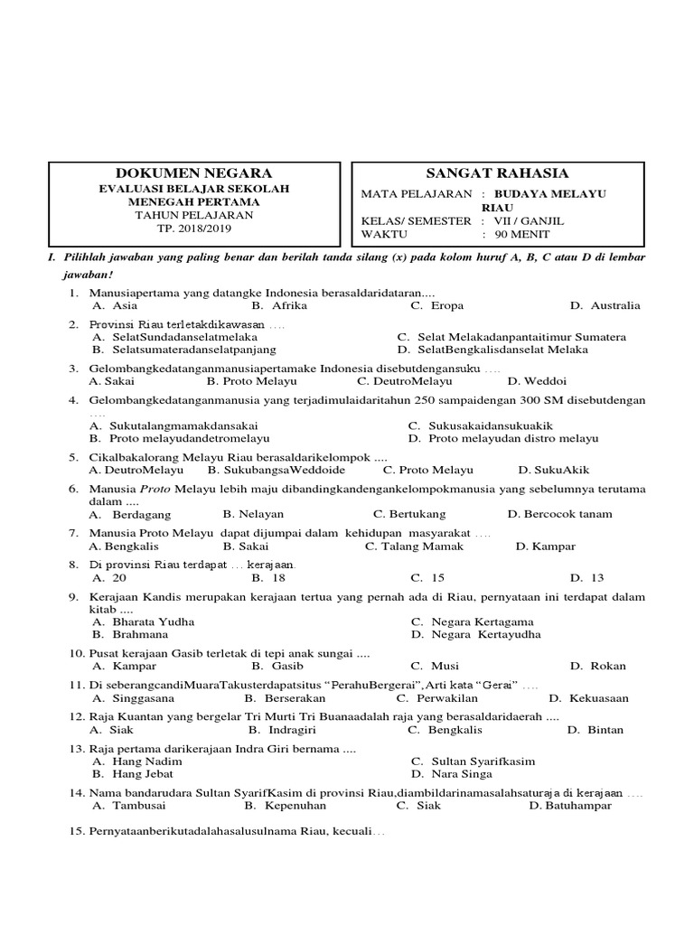 <p>Berikut adalah artikel mengenai contoh soal Budaya Melayu Riau Kelas 10 Semester 1, dengan panjang sekitar 1.200 kata, disusun dengan outline yang jelas, spasi yang diperhatikan, dan output tulisan yang rapi.</p>
<p>” title=”</p>
<p>Berikut adalah artikel mengenai contoh soal Budaya Melayu Riau Kelas 10 Semester 1, dengan panjang sekitar 1.200 kata, disusun dengan outline yang jelas, spasi yang diperhatikan, dan output tulisan yang rapi.</p>
<p>“></p>
<ol>
<li>
<p><strong>Pendahuluan: Pentingnya Mempelajari Budaya Melayu Riau</strong></p>
<ul>
<li>Definisi Budaya Melayu Riau.</li>
<li>Signifikansi Budaya Melayu Riau dalam konteks lokal dan nasional.</li>
<li>Tujuan pembelajaran Budaya Melayu Riau di tingkat SMA.</li>
</ul>
</li>
<li>
<p><strong>Konsep Dasar Budaya Melayu Riau</strong></p>
<ul>
<li>Pengertian Melayu dan ruang lingkupnya di Riau.</li>
<li>Nilai-nilai luhur Melayu Riau:
<ul>
<li>Adat istiadat.</li>
<li>Agama dan kepercayaan.</li>
<li>Bahasa.</li>
<li>Kekerabatan.</li>
<li>Budi pekerti.</li>
</ul>
</li>
</ul>
</li>
<li>
<p><strong>Aspek-aspek Kunci Budaya Melayu Riau (Materi Umum Kelas 10 Semester 1)</strong></p>
<ul>
<li><strong>3.1. Sejarah dan Perkembangan Budaya Melayu Riau:</strong>
<ul>
<li>Kerajaan Melayu Kuno (Melayu Jambi/Sriwijaya pengaruh).</li>
<li>Kesultanan Siak Sri Indrapura sebagai puncak kejayaan.</li>
<li>Pengaruh kolonialisme dan modernisasi.</li>
</ul>
</li>
<li><strong>3.2. Sistem Kekerabatan dan Struktur Sosial:</strong>
<ul>
<li>Sistem Matrilineal (terutama di beberapa suku seperti Koto/Piliang) dan Patrilineal.</li>
<li>Peran Ninik Mamak, Bako, dan Kemenakan.</li>
<li>Konsep persukuan.</li>
</ul>
</li>
<li><strong>3.3. Bahasa Melayu Riau:</strong>
<ul>
<li>Ciri khas dialek Riau.</li>
<li>Perbedaan dengan bahasa Melayu lainnya.</li>
<li>Contoh kosakata dan peribahasa Melayu Riau.</li>
</ul>
</li>
<li><strong>3.4. Kesenian Tradisional Melayu Riau:</strong>
<ul>
<li>Seni Musik (Gendang Perang, Gambus, Akordion).</li>
<li>Seni Tari (Tari Zapin, Tari Piring, Tari Perang).</li>
<li>Seni Teater/Drama (Mak Yong, Mendu).</li>
<li>Seni Rupa (Ukiran, Tenun).</li>
</ul>
</li>
<li><strong>3.5. Upacara Adat dan Tradisi:</strong>
<ul>
<li>Upacara Perkawinan (Merisik, Meminang, Akad Nikah, Tepung Tawar).</li>
<li>Upacara Kelahiran (Mengandam, Turun Mandi).</li>
<li>Upacara Kematian.</li>
<li>Tradisi Makan Bersama (Kenduri).</li>
</ul>
</li>
<li><strong>3.6. Kearifan Lokal dan Nilai-nilai Kehidupan:</strong>
<ul>
<li>Konsep "Alam Takambang Jadi Guru".</li>
<li>Pentingnya musyawarah dan mufakat.</li>
<li>Gotong royong.</li>
<li>Menghargai orang tua dan tetua adat.</li>
</ul>
</li>
</ul>
</li>
<li>
<p><strong>Contoh Soal Budaya Melayu Riau Kelas 10 Semester 1</strong></p>
<ul>
<li>Soal Pilihan Ganda.</li>
<li>Soal Uraian Singkat.</li>
<li>Soal Esai.</li>
</ul>
</li>
<li>
<p><strong>Penutup: Melestarikan Budaya Melayu Riau untuk Generasi Mendatang</strong></p>
<ul>
<li>Peran siswa dalam pelestarian budaya.</li>
<li>Ajakan untuk terus belajar dan berkontribusi.</li>
</ul>
</li>
</ol>
<p><strong>Budaya Melayu Riau: Menggali Kekayaan Materi Kelas X</strong></p>
<p><strong>Pendahuluan</strong></p>
<p>Provinsi Riau, permata khatulistiwa yang terletak di jantung Pulau Sumatera, adalah rumah bagi peradaban Melayu yang kaya dan dinamis. Budaya Melayu Riau bukan sekadar kumpulan tradisi dan adat istiadat, melainkan cerminan dari sejarah panjang, nilai-nilai luhur, dan kearifan lokal yang terus hidup dan beradaptasi seiring zaman. Bagi para pelajar SMA, khususnya di kelas 10 semester 1, mempelajari Budaya Melayu Riau merupakan langkah fundamental dalam membentuk identitas diri, menumbuhkan rasa bangga terhadap warisan leluhur, serta memahami peran budaya dalam membangun masyarakat yang harmonis dan beradab.</p>
<div style=