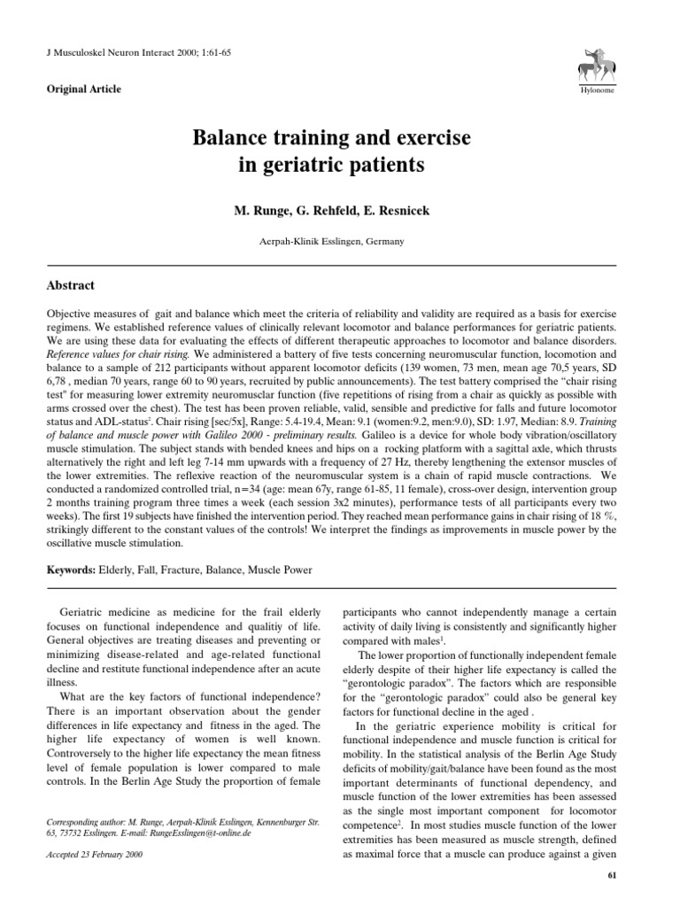 Balance Training and Exercise in Geriatric Patients M. Runge, G