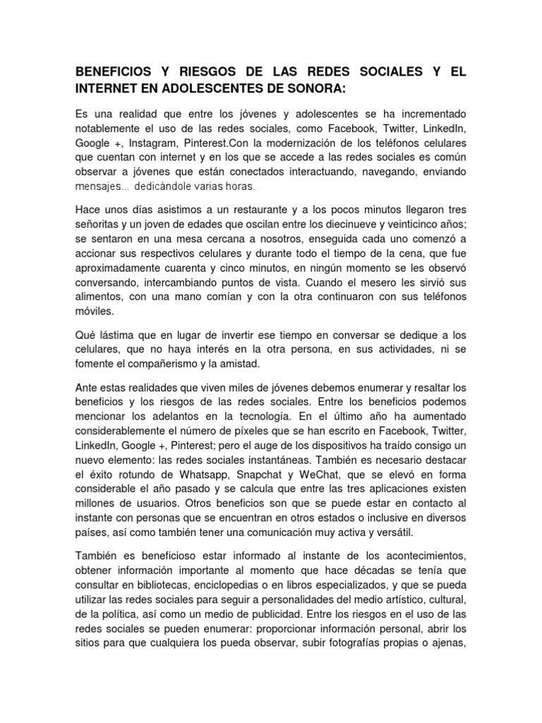Beneficios y riesgos de redes sociales en adolescentes | PDF | Servicio ...