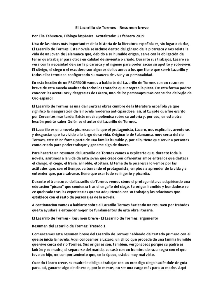 Resumen de El Lazarillo de Tormes | PDF | Novelas