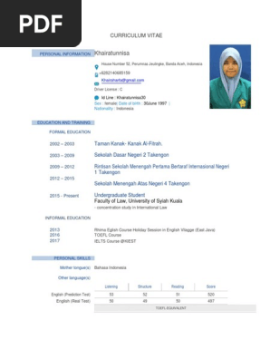 Curriculum Vitae Khairatunnisa Indonesia Sports