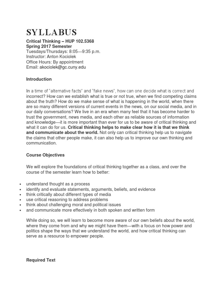 Critical Thinking Course Syllabus | PDF | Critical Thinking | Academic ...