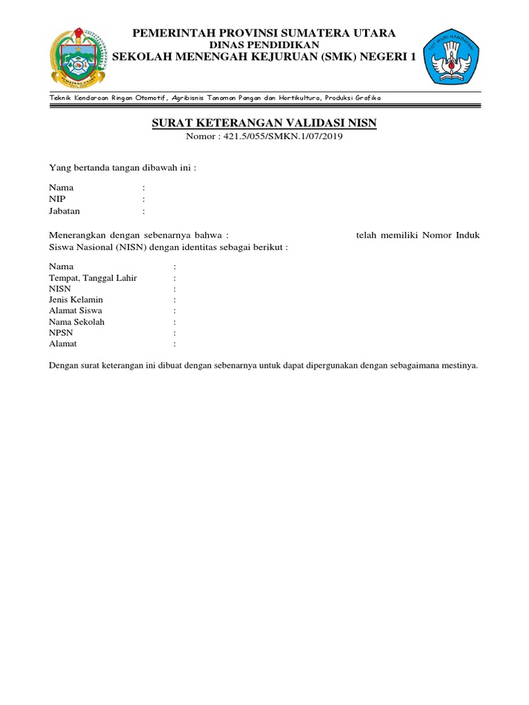 Contoh Surat Keterangan Validasi Nisn | PDF