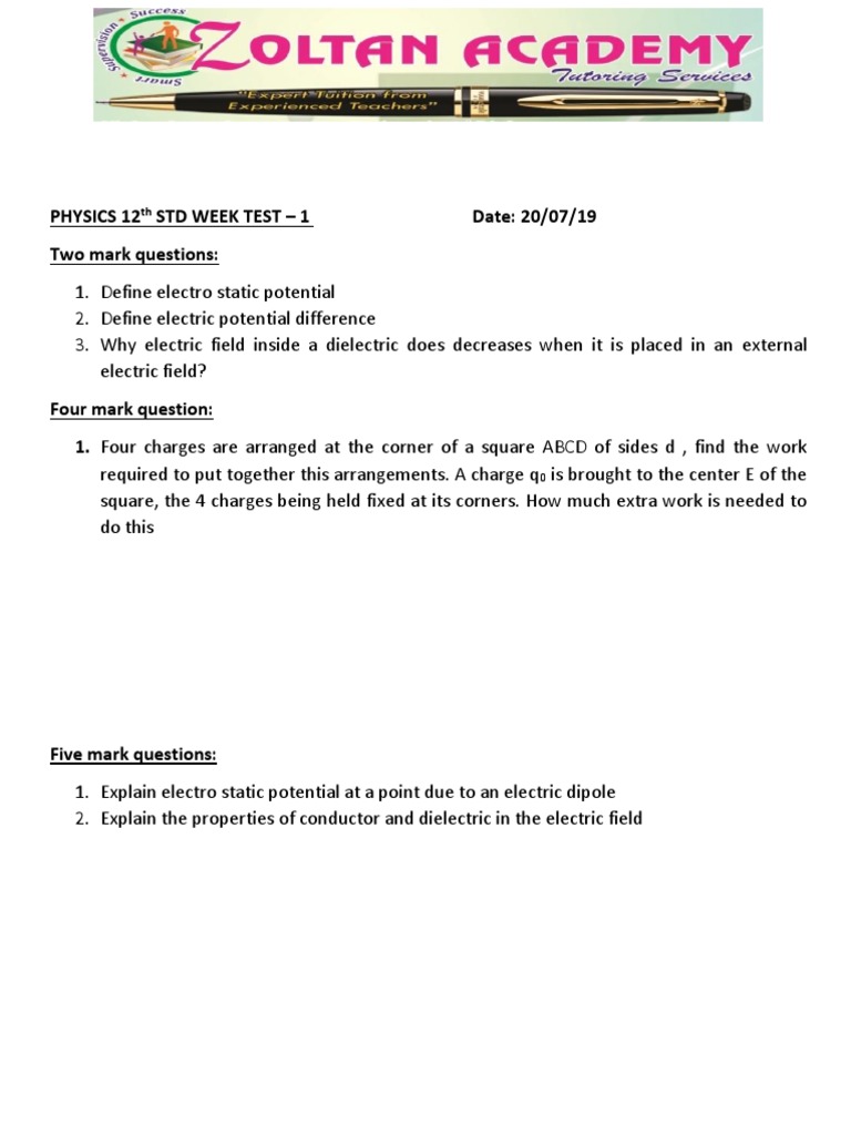 Physics 12 STD Week Test - 1 Date: 20/07/19 Two Mark Questions | PDF ...