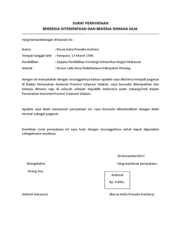 Surat Pernyataan Bersedia Ditempatkan Dimana Saja Pdf