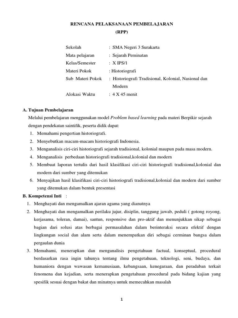 Rpp Kd 3 8 Historiografi Wonosobo Docx