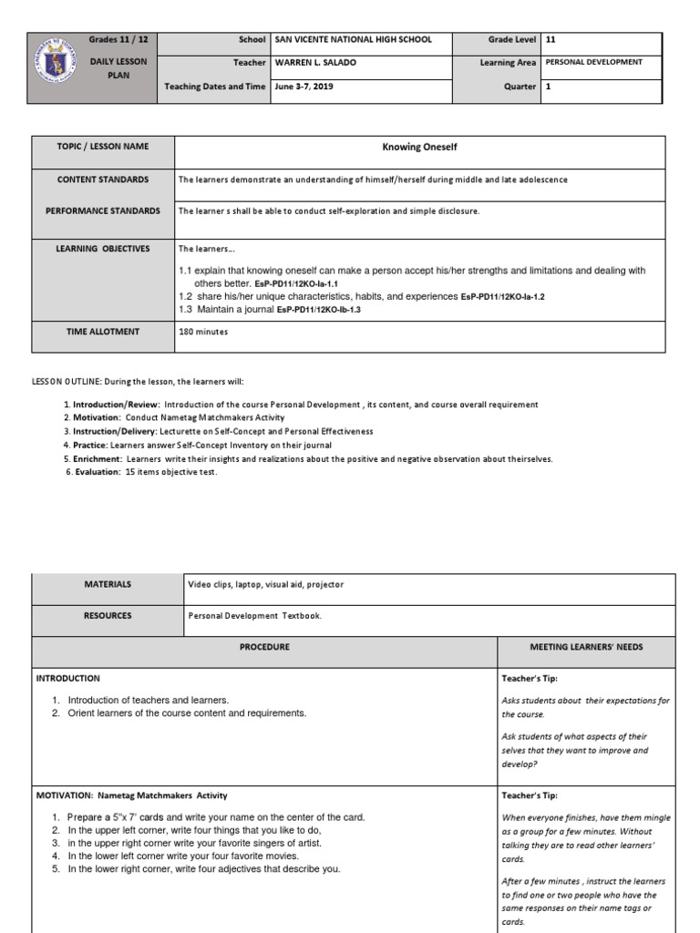 Understanding Oneself: A Lesson Plan on Self-Concept and Personal ...