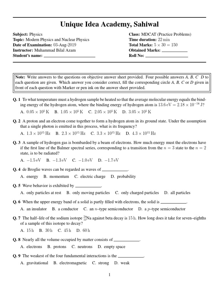 MDCAT Physics Exam: Modern & Nuclear Topics | PDF | Neutron | Atomic ...