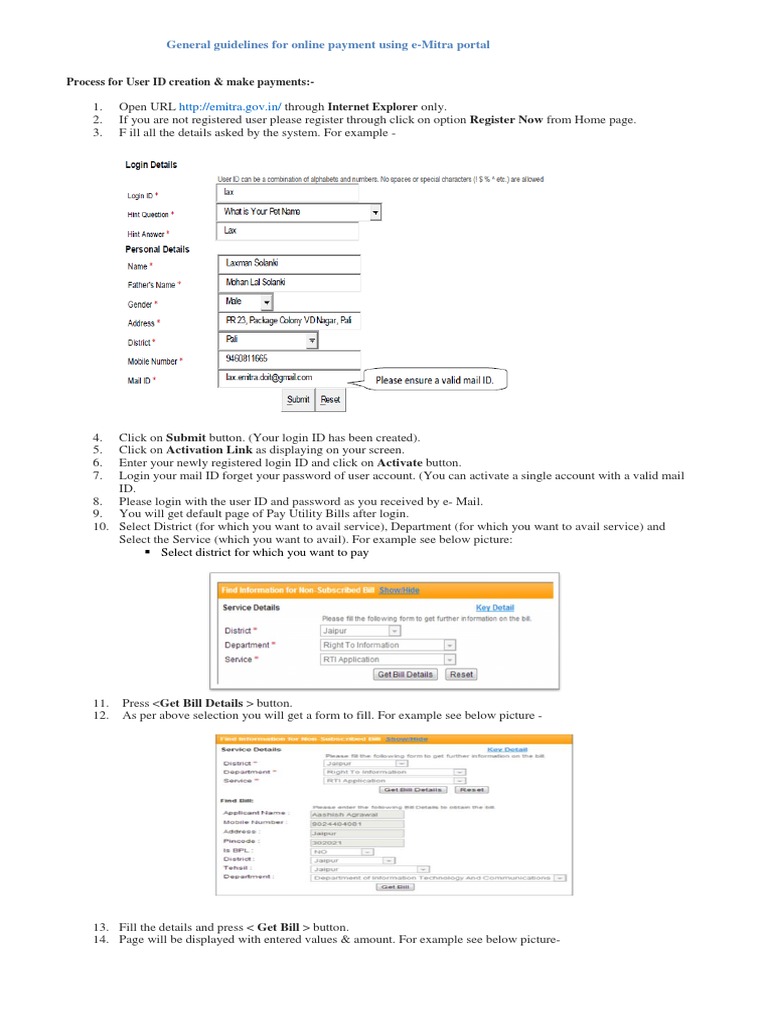 General Guidelines For Online Payment Using E-Mitra Portal | PDF