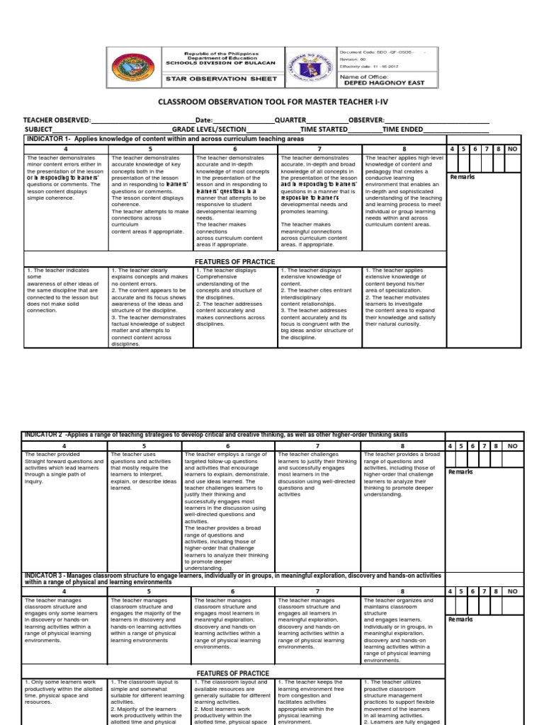 Classroom Observation Tool for Master Teachers | PDF | Teachers ...