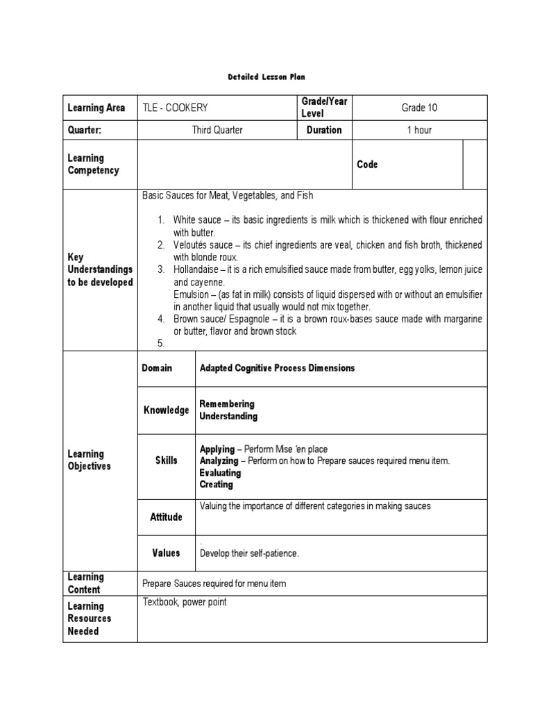 Grade 10 Cookery: Basic Sauces Lesson Plan | PDF | Sauce | Butter