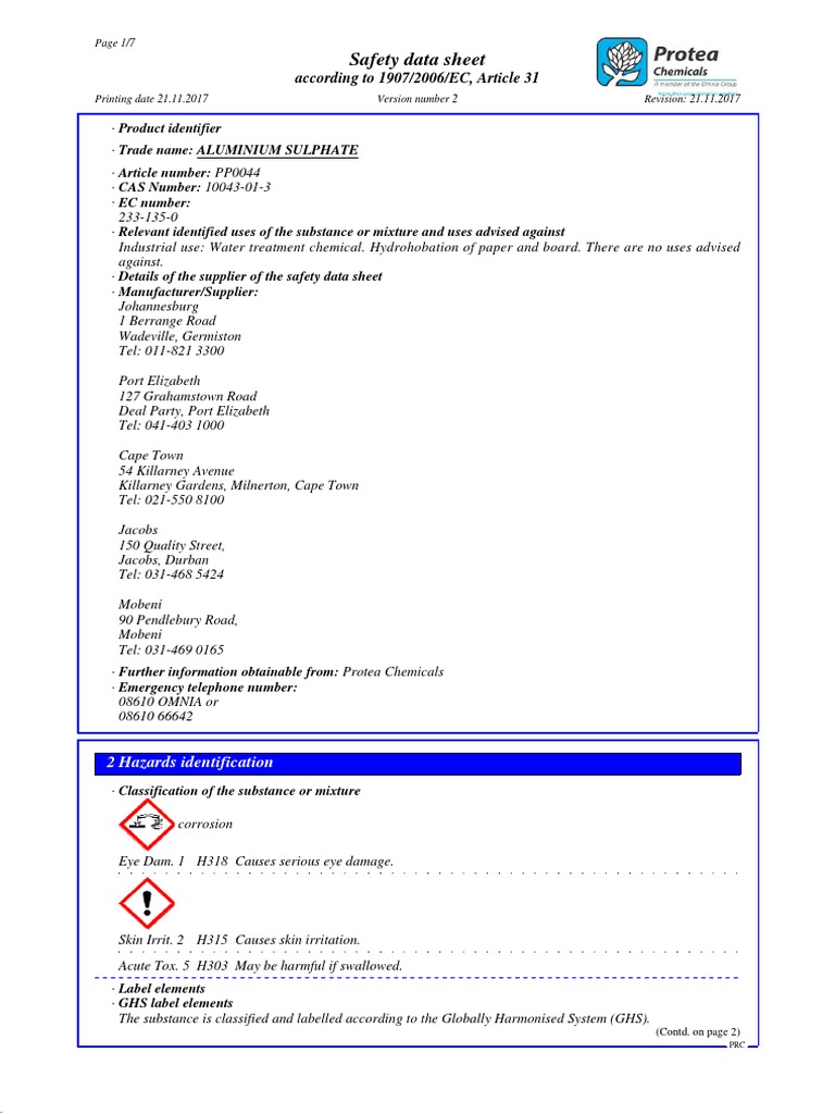 Aluminium Sulphate MSDS PDF Dangerous Goods Chemistry
