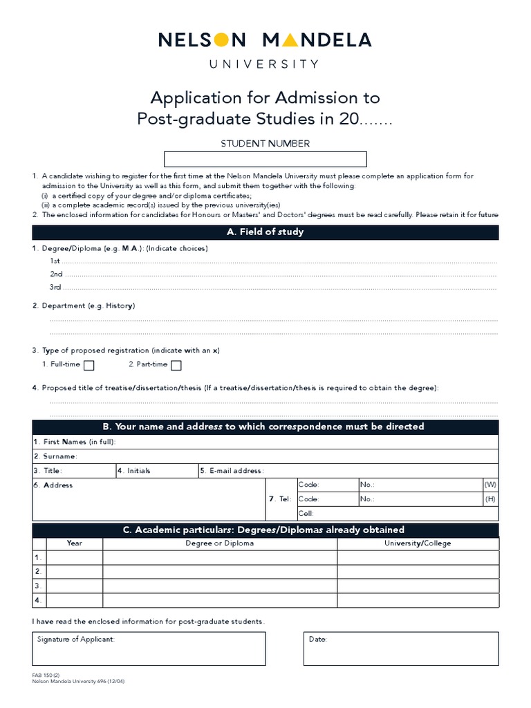 NMU U24 Form for Postgraduate Admission | PDF | Academic Degree | Thesis