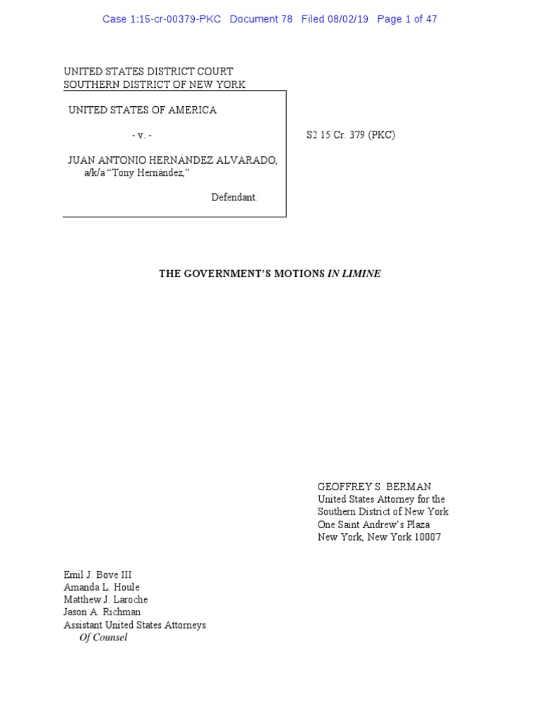 The Government’s Motions in Limine Evidence (Law) Hearsay