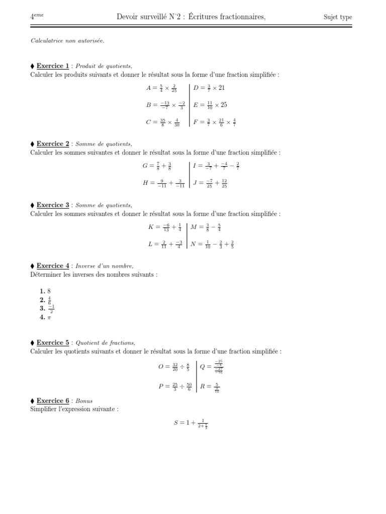 Exercice Fraction 4eme Avec Corrigé Chapitre - 4e | PDF | Enseignement des mathématiques | Nombre